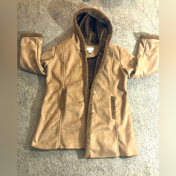 St. John's Bay Camel Hooded Jacket with Faux Fur - Picture 1 of 3